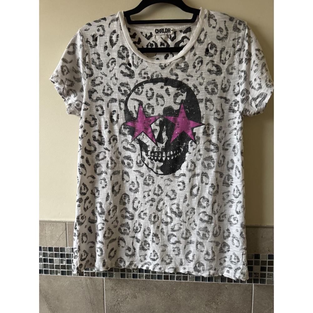 CHRLDR White and Gray Leopard Skull Tee